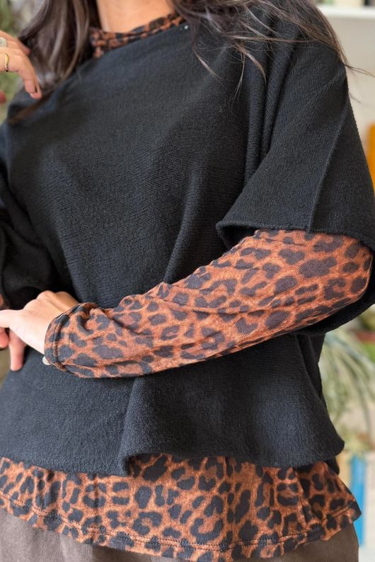 Tiby Funnel Neck Layering Top Leopard Rust